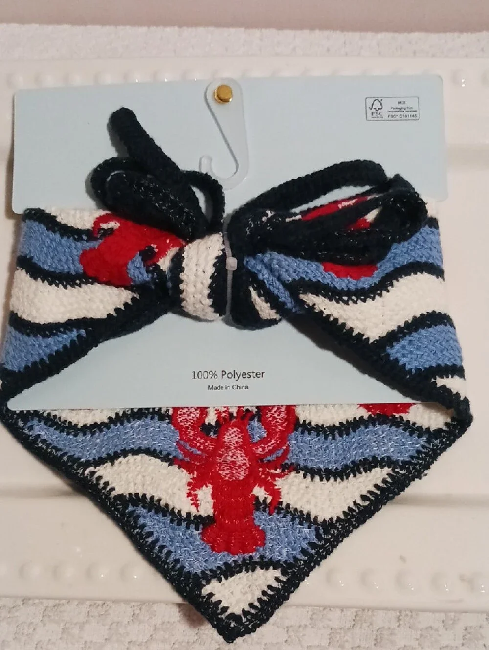 Piper Knit Bandana Bib with Red🦞 Lobsters on Blue & White Waves 🦞